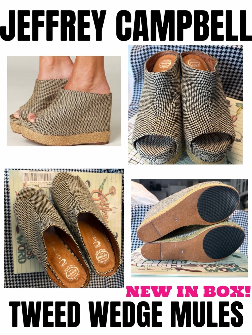 Jeffrey Campbell “Virgo Fab” Tweed Wedge Mules in Black/Tan